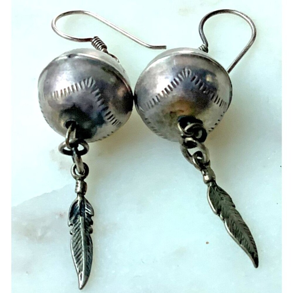 Southwest Sterling Silver Pearl Dangle Feather Handcrafted Earrings Signed 925